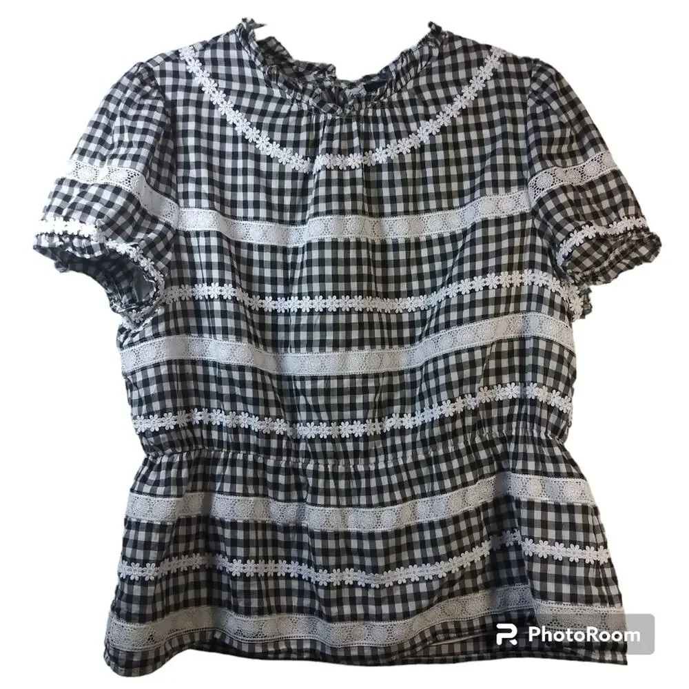 J Crew Black Gingham Daisy Chain Lace Peplum Peasant Short Sleeve Blouse Size M